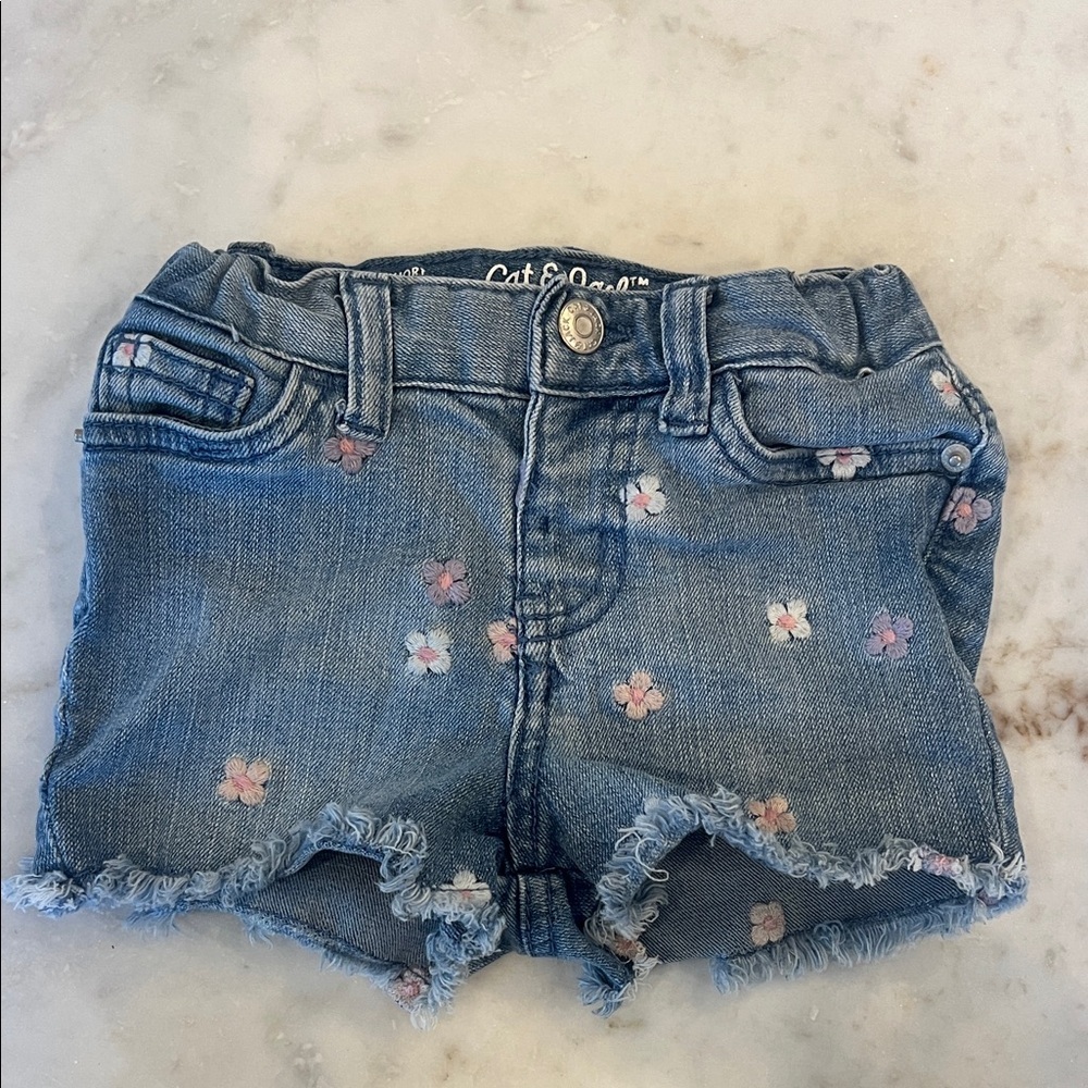 Cat & Jack Light Blue Denim Shorts with Pink & White Floral Embroidery (18m)